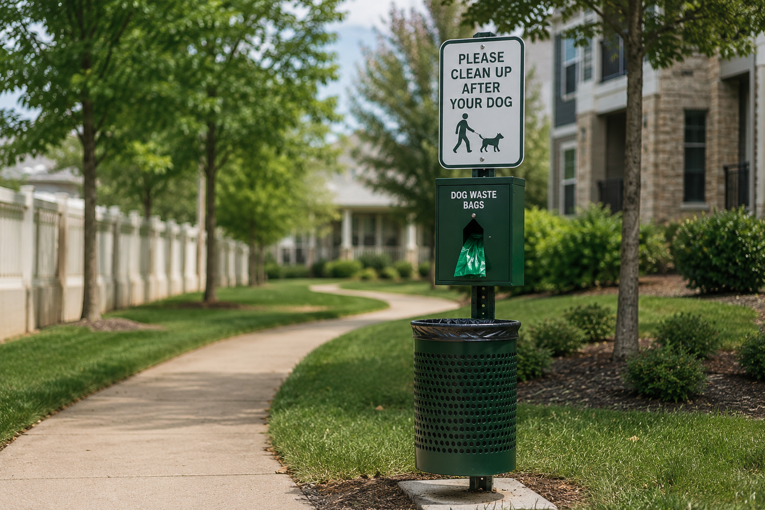 Dog waste station in a clean community green space Twin Cities MN